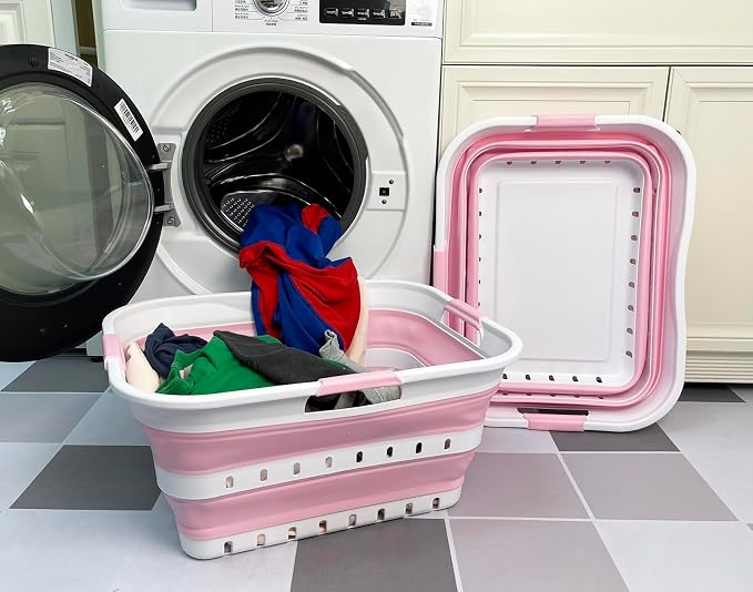 SAMMART 42 (11 Gallons) Collapsible Plastic Laundry Basket, Foldable Pop Up Storage Container/Organizer, Space Saving Hamper, Portable Bin for Dorm Room Bathroom (2, White/Cherry Pink) - Image 2