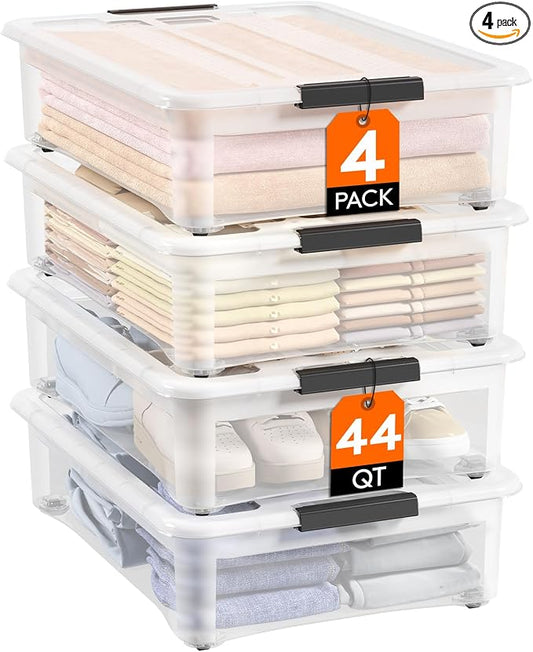 Lifewit 44Qt Storage Bins with Lids, Plastic Large Latches Boxes with Wheels, Clear Totes Tubs Container for Closet Organizers and Storage, Bedroom, Clothes, Craft, 4 Pcs by Lifewit