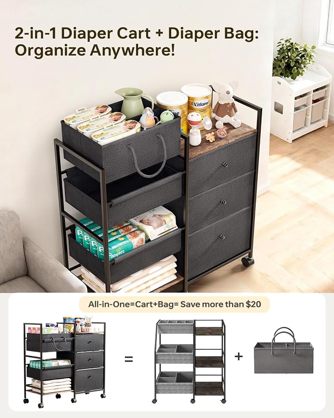 2-in-1 Baby Diaper Caddy Organizer and Storage-3 Tier Rolling Baby Cart with Dividers and Drawers, Baby Essentials for Nursery Storage, Mobile Utility Cart with Wheels Large Capacity Easy To Assemble - Image 3