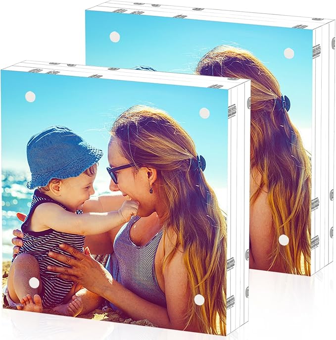 HELPLEX 2 Pack 8x8 Acrylic Picture Frames, 24mm Thicker Square Frameless Clear Frame Double Sided Magnetic Frame, Free Standing Desktop Display Stand Acrylic Frames by HELPLEX