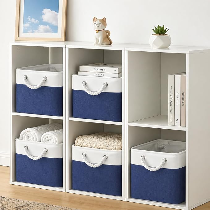 Fabric Storage Cubes 13 x 13, Collapsible Storage Bins for Shelf Baskets, Cube Storage Organizer White Navy Bins with Cotton Handles,Foldable Storage Bin box,Cube Storage Bin 6 Pack - Image 4