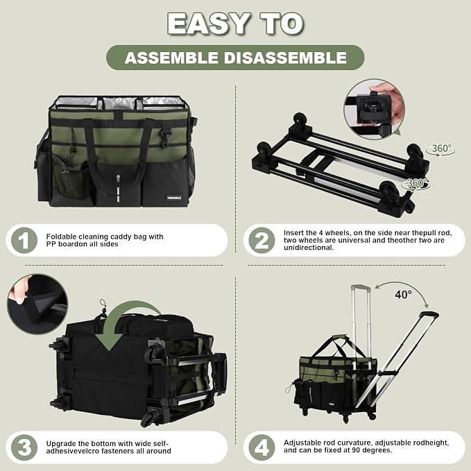 Extra-Large Rolling Cleaning Caddy with Wheels,Cleaning Caddy Bag with Detachable Trolley,Water Resistant Lining Cleaning Supply Organizer with Handle for Cleaners,Housekeepers (Army Green) - Image 5