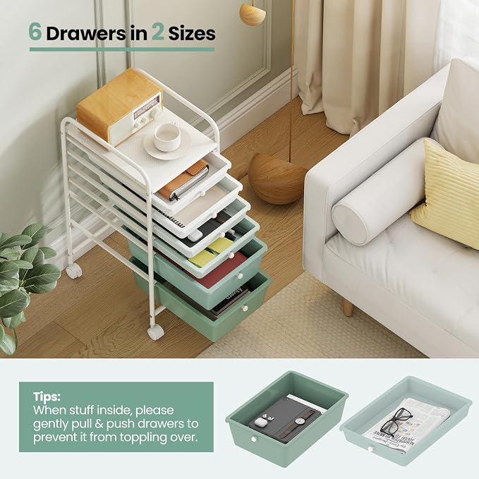 Giantex 6 Storage Drawer Cart Rolling Organizer Cart for Tools Scrapbook Paper Home Office School Multipurpose Mobile Utility Cart, Green Gradient - Image 7