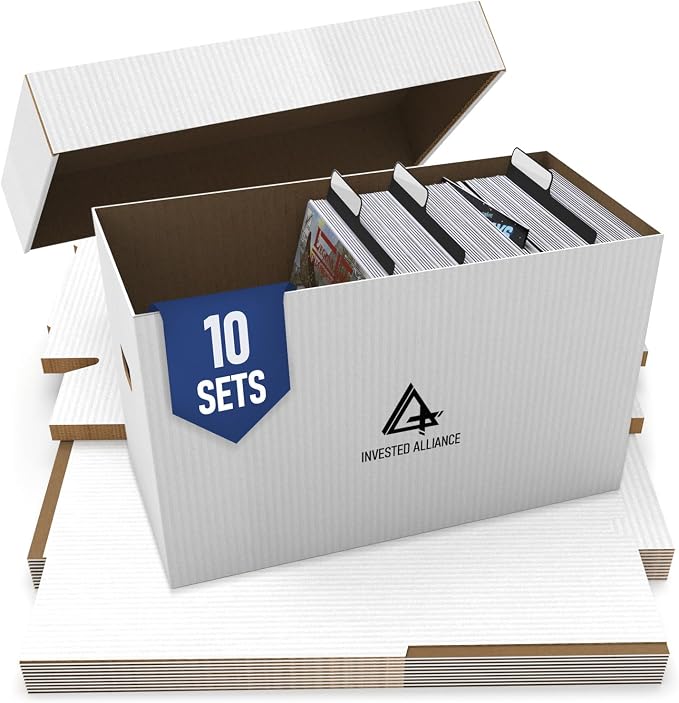 Premium Short Comic Book Storage Box Organizer with Lid | Thick Cardboard Comic Storage Box For Collectibles Fits 150-175 Current/Silver Age, Heavy Duty & Stackable. by InvestedAlliance