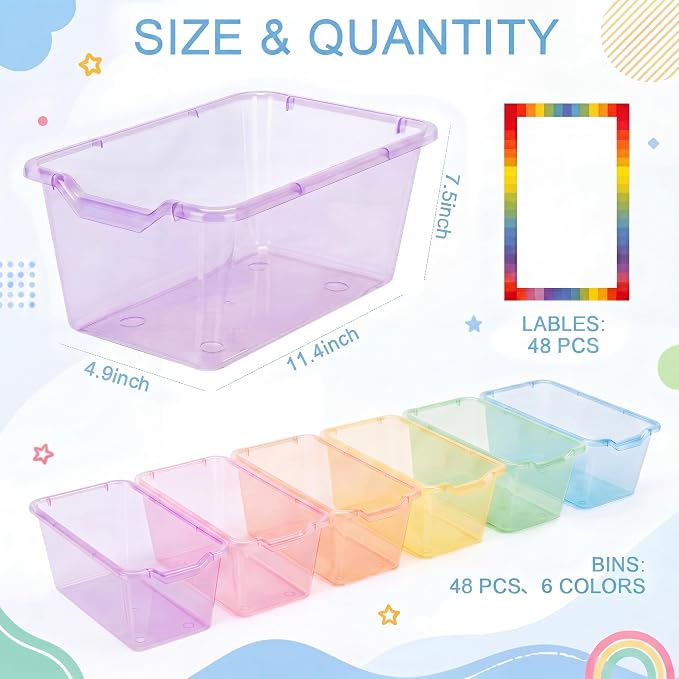 Funrous 48 Pack Plastic Cubby Bins for Classroom, Stackable Storage Bins with Rainbow Labels and Handles Cubby Organizer Containers for Teacher Supplies Home Office Daycare and Playroom (Pastel) - Image 2