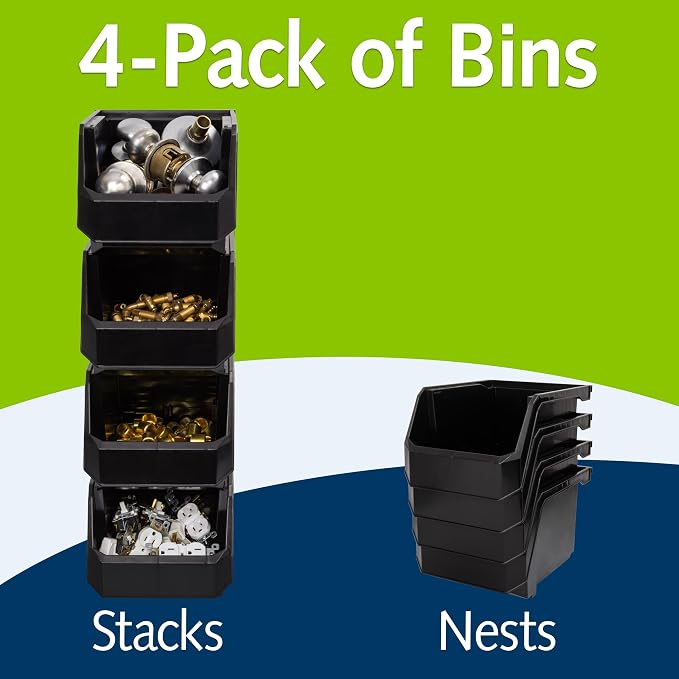 Medium-Tall Stackable Plastic Storage Bins, 4-Pack, Black | Open-Front Stackable Bins For Garage, Pantry, Closet & Office, 7"L X 11"W X 8"H, Nests When Empty, Durable Plastic - Image 3