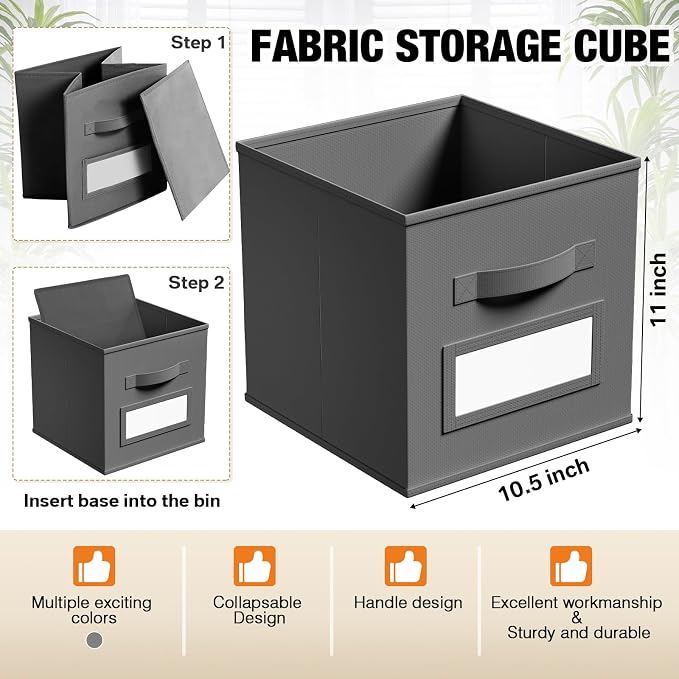 Teenyyou 10 Pack Fabric Storage Cubes 11 Inch Collapsible Cube Bins with Label Window & Handle Foldable Organizers Baskets for Shelf Closet Nursery Kids Room Clothes Book Toy(Gray) - Image 3