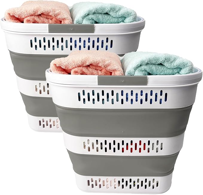 SAMMART 38L(10 Gal) Collapsible Laundry Basket - Foldable Pop-Up Storage Container/Organizer-Portable Space Saving Hamper, Measure 17.5x13.3x15.7"/3.8" Expanded/Collapsed (2, White/Grey) - Image 6