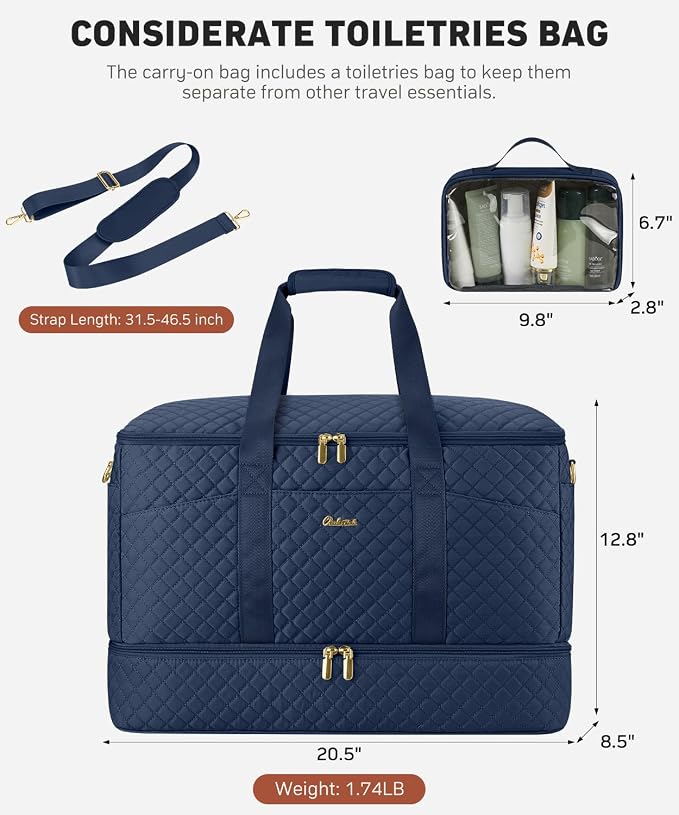Duffle Bag for Travel, 40L Weekender Bag with Shoe Compartment, Carry On Overnight Bag for Women with Toiletry Bag Duffel Bags with Wet Pocket for Gym Hospital Bags for Labor and Delivery Navy - Image 5
