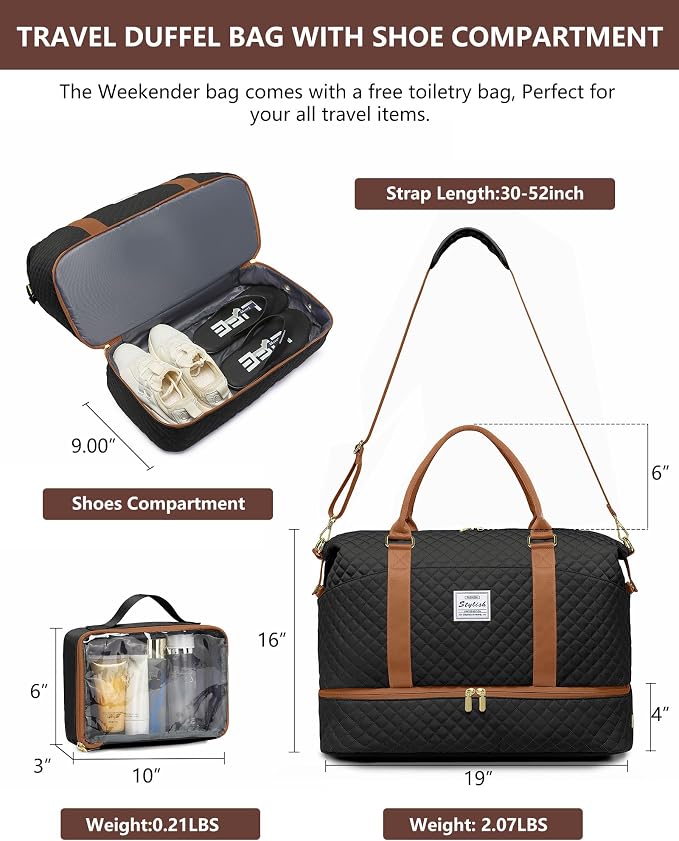 Travel Weekender Bags for Women Duffle - Carry on Overnight Bag with Shoe Compartment & Toiletry Gym Duffel Bags with Wet Pocket Hospital for Labor and Delivery Black Brown - Image 7