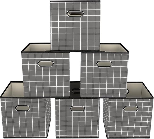 Yunkeeeper storage bins Cubes, Fabric Cube Organizer with Handle, Foldable Cube Bins for Cloth or Accessary Storage, 11x11x11, Set of 6, (Grey grid) by Yunkeeper