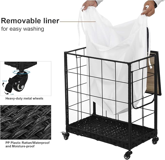 110L Laundry Hamper with Wood Lid, Rolling Laundry Basket with Liner Bag | Dual Laundry Compartments; Lockable Wheels; Reinforced Steel Frame; Durable Metal Handle; Easy Assembly - Image 6