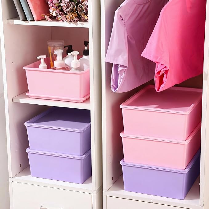 6 Pcs Large Plastic Storage Bins with Lids, Pink, Purple | 14.4 x 10.4 x 5.1 Inch, Stackable Storage Containers, Decorative Cubby Organizer for Clothes Shelves Garage Closet Office - Image 4
