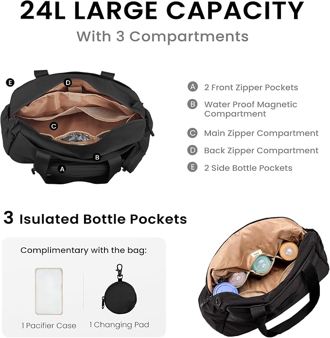 VONAL Diaper Bag Tote, Large 24L Diaper Bags Waterproof Hospital Bag for Labor Delivery, Travel Diaper Tote Baby Bag - Image 3