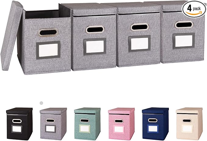 4 Pack Hanging File Folders Organizer with Lid, Letter Size Fabric File Storage Box Collapsible, Portable Office Document Holder with Metal Handle, Smooth PVC Rails, Gray by ComfortKeeper