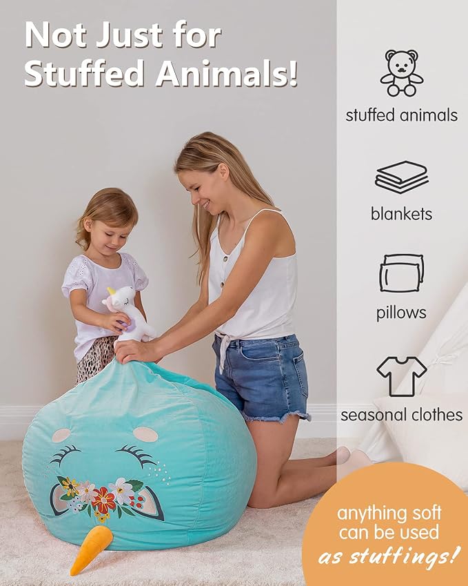 Aubliss Bean Bag Cover for Stuffed Animal Storage - Unicorn Bean Bag | Velvet Cover (No Beans) - Large Stuff 'n Sit Organization for Kids Toy Storage (Large, Cyan) - Image 4