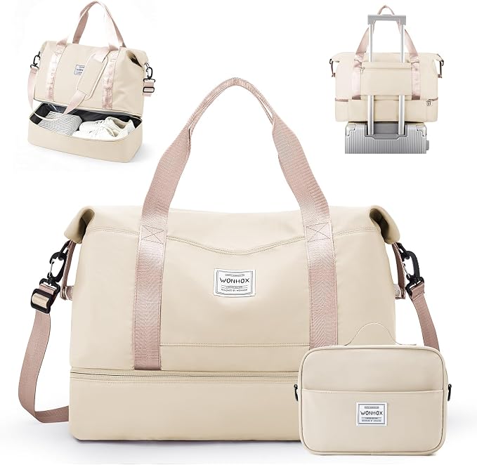 Travel Duffel Weekender Bag Women Tote Carry On Bags With Shoe Compartment | Travel Overnight Bags with Trolley Sleeve for Airplanes Waterproof Lightweight Sport Tote Gym with Toiletry Bag Beige by VECAVE