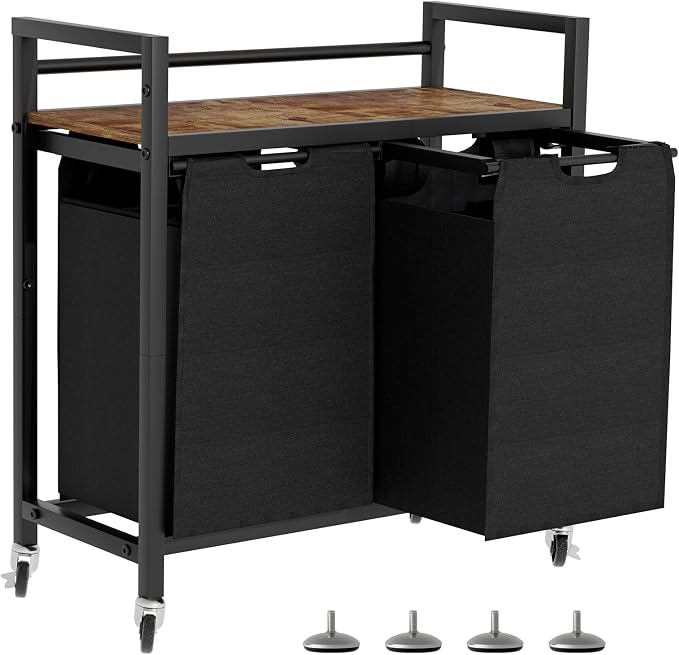 SwaaVee Laundry Sorter, Laundry Hamper with Wooden Top Shelf, 2×14.5Gal(110L), Metal Frame laundry basket with wheels, Pull out and Removable Laundry Bags, 2 Bags-Black by SwaaVeeYourBestOrganizingHelper