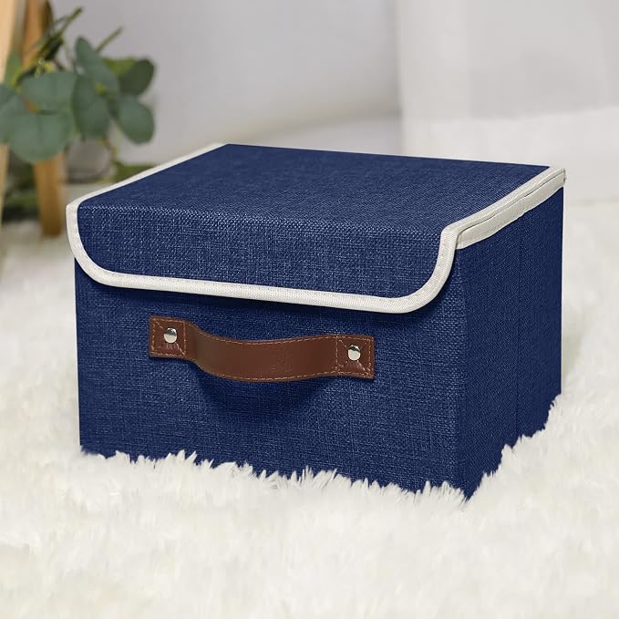ANMINY Fabric Storage Box Bins with Lids, Blue, 10"x8"x7" | Keepsake Memory Storage, Cotton Linen, PP Board Reinforced, Washable, PU Handles, Foldable & Stackable, Decorative, Small - Image 6