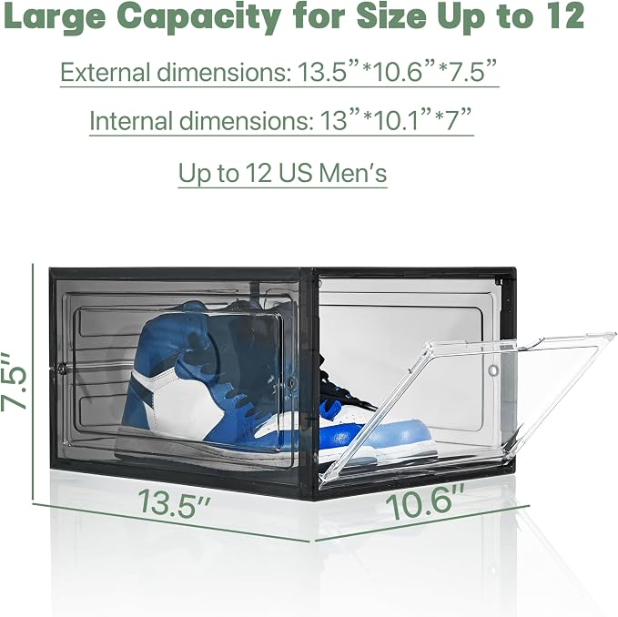 ZLLZUU Stackable Shoe Storage Boxes 9 Pack X-Large Black Sneaker Organizer | Fits up to Men's Size 12 High-top Sneakers, Clear Visible Magnetic Door, Quick Aceess, Durable and Sturdy, Easy to Assemble - Image 5