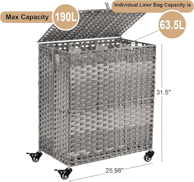 Laundry Hamper with Wheels&Lid, 50.2 Gallons(190L) Rolling Laundry Basket with Wheels, 3-Section Laundry Hamper, Handwoven Rattan Clothes Hamper with 6 Removable Liner& 3 Mesh Laundry Bags, Grey - Image 4