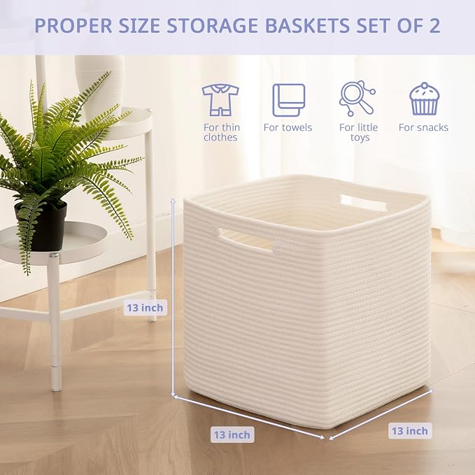 OIAHOMY 2 PACK Cube Storage Bin 13 Inch Collapsible Storage Cube White | Cube Storage Organizer Storage Bins for Shelves Baskets for Organizing Woven Rope Storage Baskets - Image 2