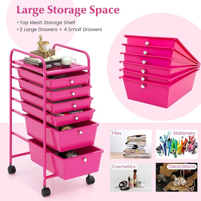 GOFLAME 6-Drawer Rolling Storage Cart, Multifunctional Art Craft Organizer, Mobile Utility Storage with Removable Drawers & Lockable Wheels, Craft Cart for Home Office, Hot Pink - Image 4