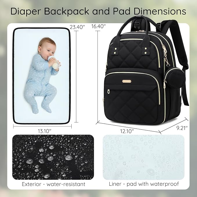 Large Diaper Bag Backpack with Changing Pad & Pacifier Case, Black | Multi-functional lightweight waterproof maternity & toddler travel backpack. Insulated, wet/dry pocket & stroller straps - Image 8