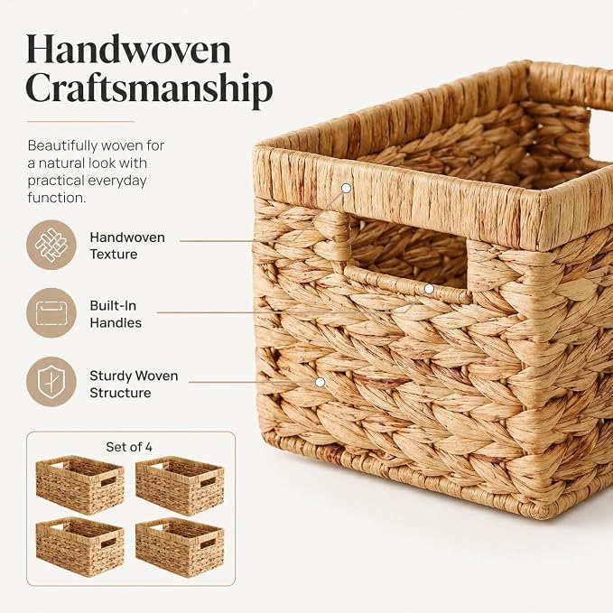 Water Hyacinth Wicker Storage Baskets for Shelves, Set of 4 | Shelf Baskets, Basket with Handle, for Pantry, Kitchen, Bathroom, Closet Storage, 13x8.25x7in - Image 4
