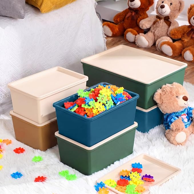 6 Pcs Large and Small Plastic Storage Bins with Lids 14.4 x 10.4 x 5.1 Inch Stackable Storage Containers Decorative Cubby Organizer for Clothes Shelves Garage Closet Office (Neutral color) - Image 5