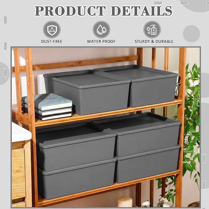 6 Pcs Plastic Storage Bins with Lids Stackable Storage Containers Durable Box Baskets for Organizing Shelves Playroom Classroom Office (Large,Grey) - Image 3