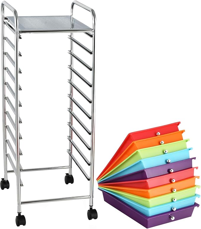 GOFLAME 10-Drawer Rolling Storage Drawer Cart, Utility Cart with Removable Drawers & Metal Frame, Mobile Art Craft Drawer Cart with Lockable Wheels for Home, Office, Studio, School, Multicolor - Image 9