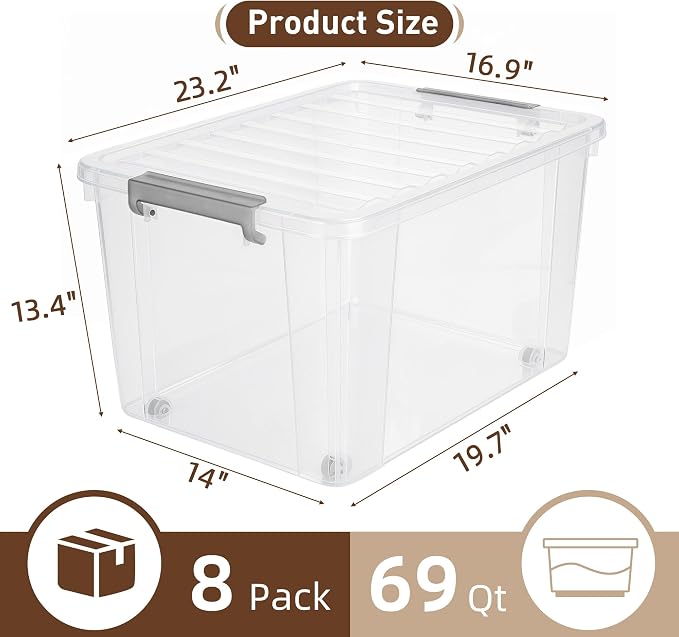 Citylife 69 QT Plastic Storage Bins with Latching Lids Stackable Storage Containers for Organizing Large Clear Storage Box for Garage, Closet, Kitchen, 8 Packs - Image 6