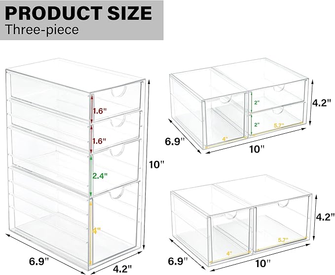 Prsildan Acrylic Drawer Makeup Organizer with 9 Drawers, Set of 3 Office Desk Organizers Accessories, Clear Stackable Storage Drawers for Vanity, Countertop, Craft, Jewelry, Art Supply Organization - Image 3