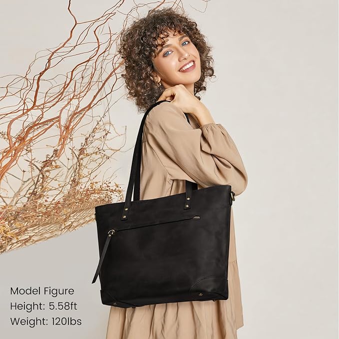 S-ZONE Vintage Genuine Leather Shoulder Bag Work Totes for Women Large | Top Grain Leather, Purse Handbag, Fits Laptop Documents, Luggage Sleeve, Multi Pockets, Work Travel Everyday - Image 2
