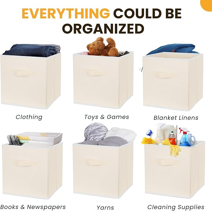 Large Storage Cubes, 13 Inch Cube Storage Bins for Shelves Closet Nursery Bedroom - 10 Pack Collapsible Storage Baskets with Handles - Fabric Bins for Organizing Magazines Clothes Toys (Beige) - Image 3