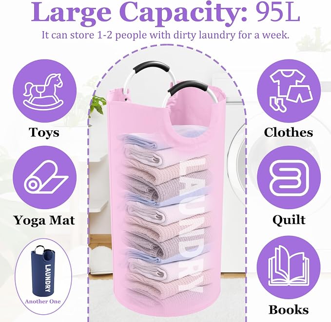 2Pcs Folding Laundry Basket for Adult, 95L Portable Laundry Baskets with Aluminum Handles, Multi-functional Dirty Clothes Hampers for Bedroom, Travel, Navy Blue + Pink - Image 2