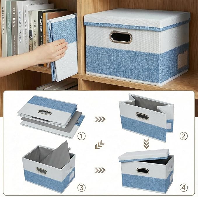 Storage Bins with Lids [3-Pack] Linen Fabric Foldable Storage Boxes Organizer Containers Baskets Cube with Cover for Bedroom Closet Office Blue&White（11.4X8.6X6.7 - Image 5