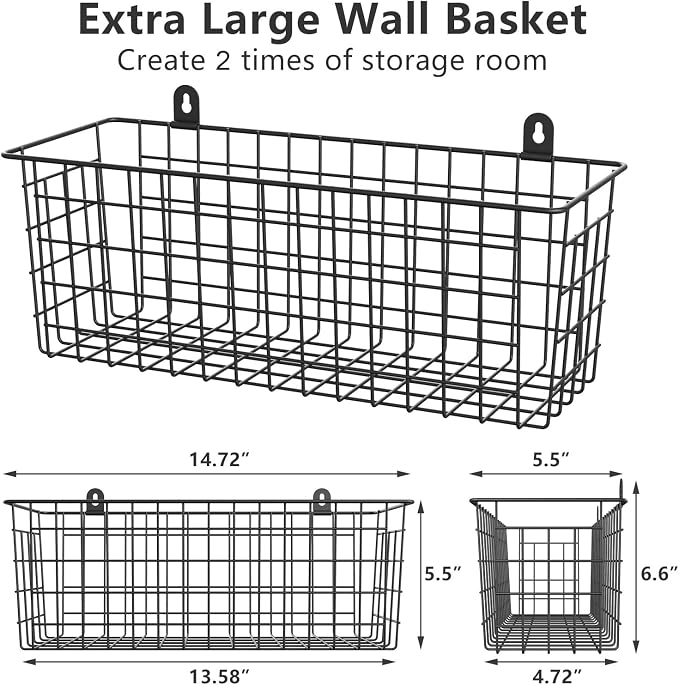 MaraFansie [Extra Large] Wire Basket 2-Pack Hanging Wall Organizer Cabinet Storage Basket Wall Mounted Shelves Rustic Farmhouse Decor for Home Kitchen Bathroom, BLACK - Image 6