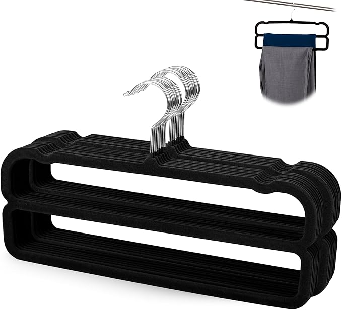 VSV stoage Velvet Pants Hangers with Double Non Slip Bar - Multiple Velvet Hangers for Closet - Thin Space Saving Clothes Hanger - 360° Swivel Felt Trouser Hanger Perchas Terciopelo 10 Pack (Black) by VSVstoage