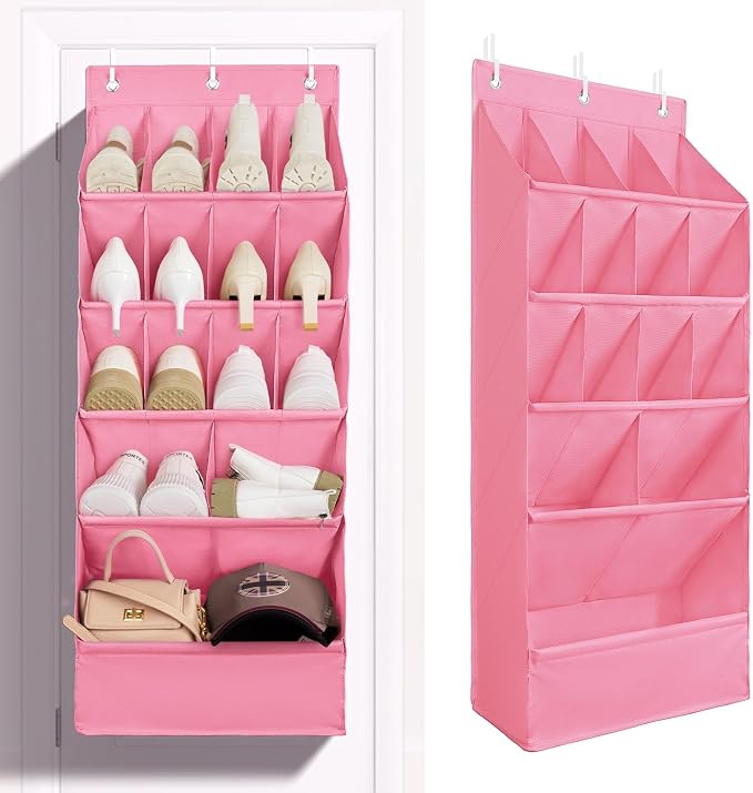 1 Pack Over-the-Door-Shoe-Organizers, Hanging Shoe Organizer Large Pocket | Shoe Holder Hanging Shoe Rack for Closet Shoe Organizer for Wall, Over Door Organizer with 15 Pockets for Boot, Sneaker, Pink by Fentec