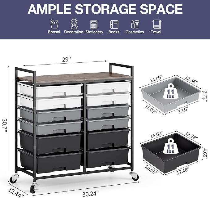 TOOLF 12 Drawers Rolling Storage Cart with Wooden Top for Classroom,Grey | Teacher Cart Craft Art Supply Organizer, Utility Cart with Lockable Wheels for Home Household Essentials, Office Organization - Image 3