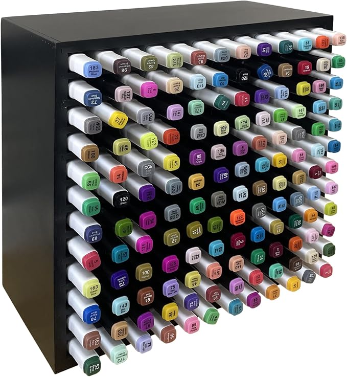 MinBoo Bamboo Marker Organizer Wooden Art Supply Storage Organizer Rack Art Markers Pens Colored Pencils Paint Brushes Stationary Organizer Holder (Black, Rack for 144 Markers) by MinBoo
