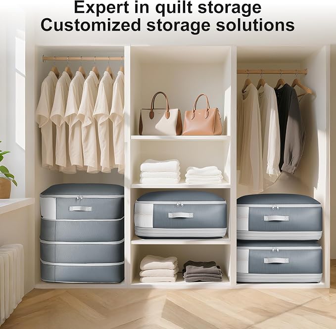 Comforter Storage Bag - 130L Large Capacity Blanket Storage Bags 4-Layer Ultra Space Saving Self Compression Organizer, Washable Compression Bags for Storage Comforter Blanket, 4-Pack, Grey - Image 6