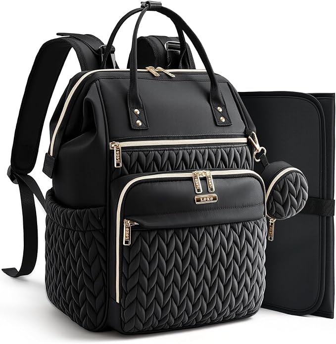 Lekesky Quilted Diaper Bag Backpack, Wide Opening Large Baby Bag for Mom | Black Travel Baby Diaper Backpack with Changing Pad, Insulated Pockets, Pacifier Case by LEKESKY