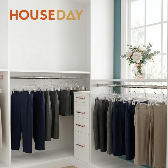 HOUSE DAY 120 Pack Clear Pants Hangers with Clips, Plastic Skirt Hangers for Women, 14 Inch Clip Hanger for Pants, Skirts, Jeans, Shorts, Legging, with 360-degree Swivel Hook, 2 Adjustable Clips - Image 2