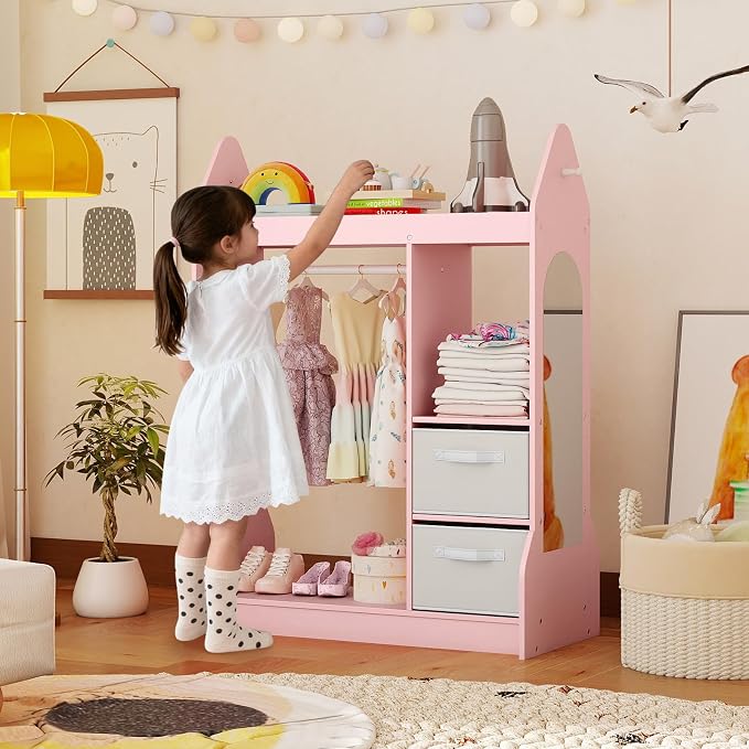 Costzon Kids Dress Up Storage with Mirror, Clothes Rack, Shelves, 2 Fabric Storage Bins, Pretend Play Costume Organizer, Open Hanging Wardrobe Closet Armoire Dresser for Bedroom Playroom - Image 9