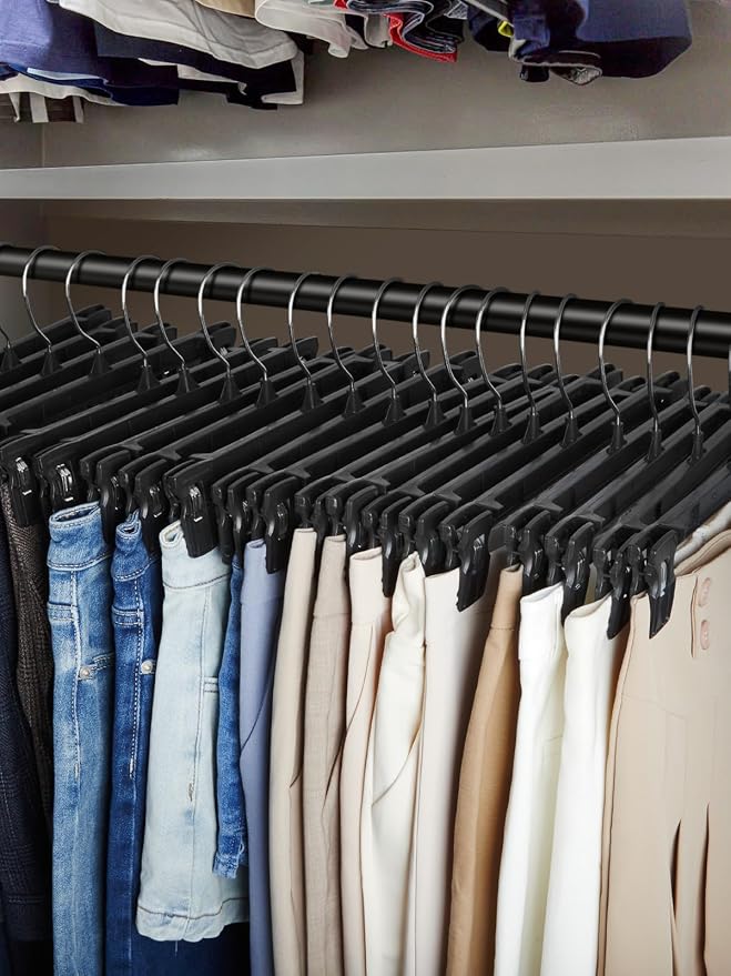 Smartor Black Pants Hangers 90 Pack, Skirt Hangers with Clips, 10 Inch | Non-Slip Clips, 360° Swivel Hooks; Compact Plastic Clip Hangers for Dorms, Small Closets and Folded Pants - Image 6