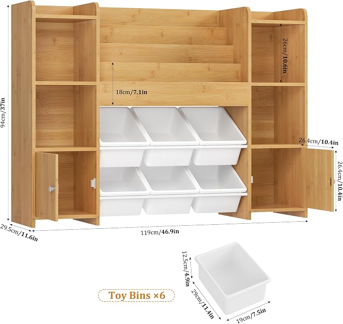 Toy Storage Organizer with 6 Toy Bins & 4 Tier Kids Bookshelf | Toy Organizer with 6 Cubbies, Kids Toy Organizers and Toy Storage with Bins, Playroom Storage and Toy Chest - Image 2