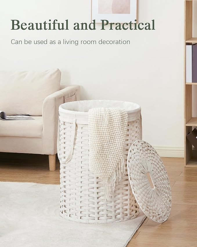 SETVSON Laundry Basket with Lid Round PE Rattan Laundry Hamper, White | 110L Large Woven Basket with Lid, Removable Washable Liner Bag, 2 Mesh Laundry Bags, Foldable Long Side Handles Versatile - Image 7